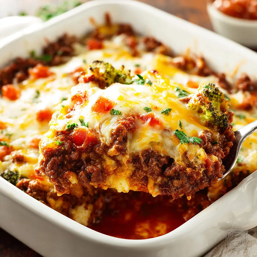 Cheesy Ground Beef Casserole recipe, served and ready to eat, easy homemade dish