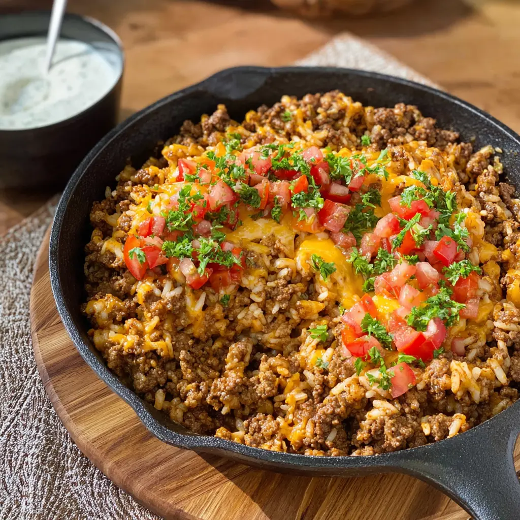 CHEESY GROUND BEEF RICE SKILLET recipe, served and ready to eat, easy homemade dish