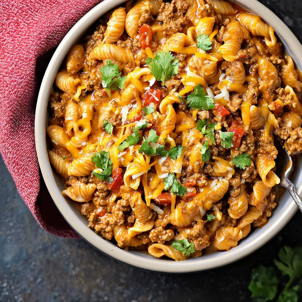 Cheesy Taco Pasta Crockpot recipe, served and ready to eat, easy homemade dinner