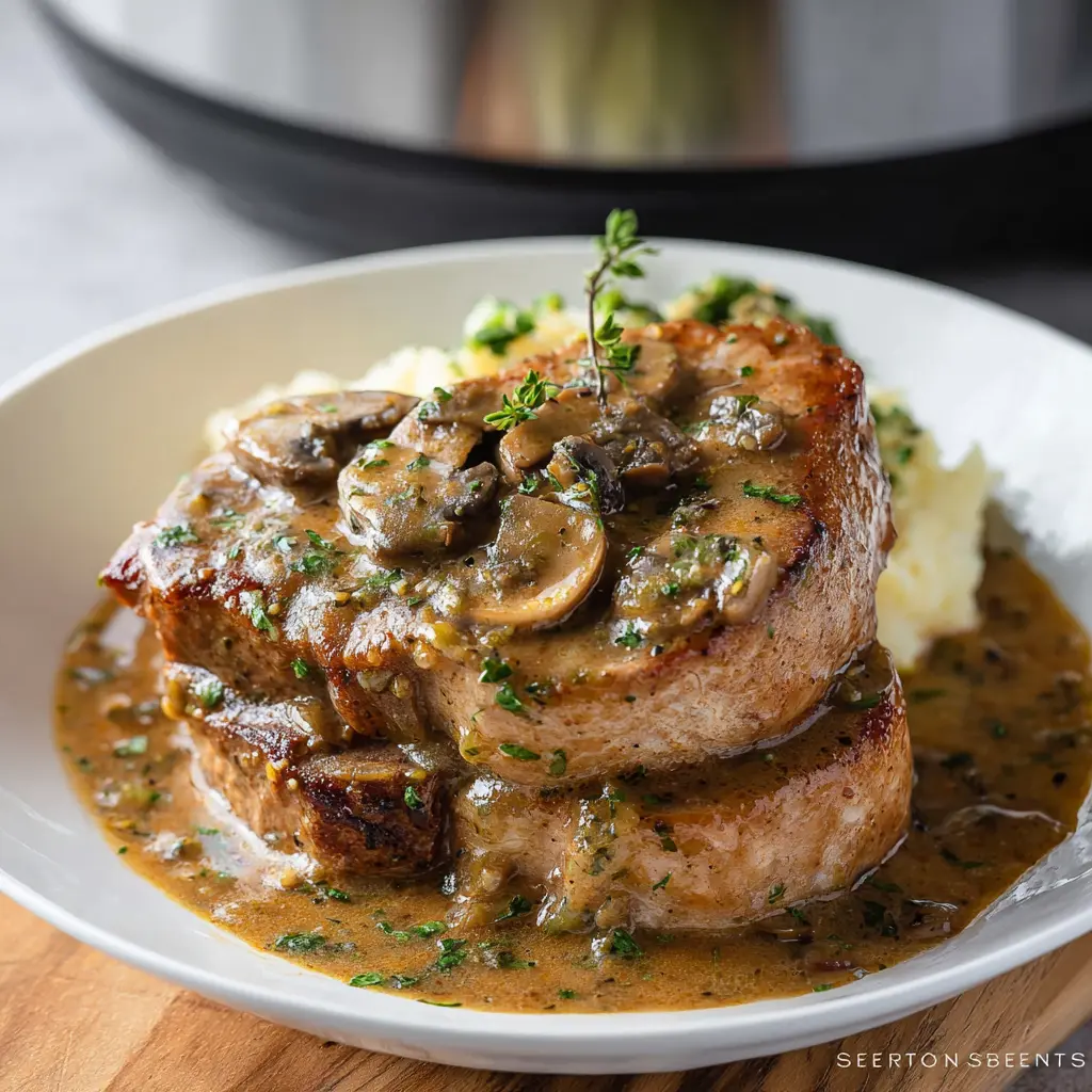Crock Pot Pork Chops Gravy recipe, served and ready to eat, easy homemade dinner