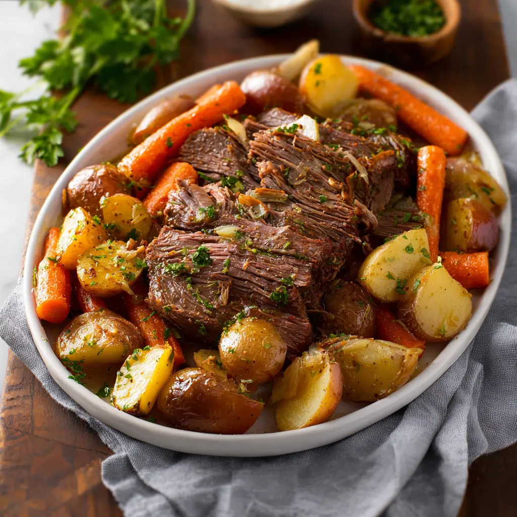 Crockpot Beef Pot Roast Vegetables recipe, served and ready to eat, easy homemade dinner