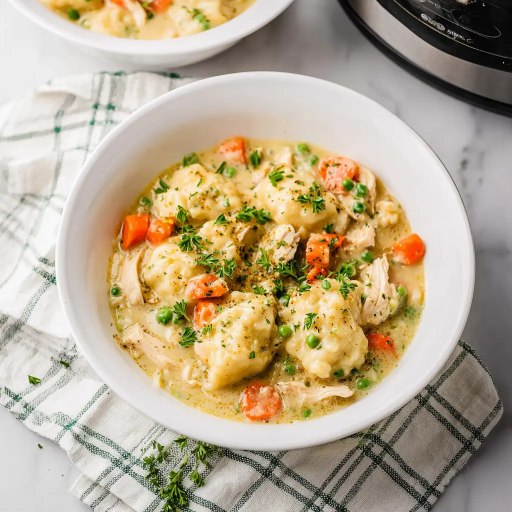 Crockpot Chicken and Dumplings recipe, served and ready to eat, easy homemade dinner