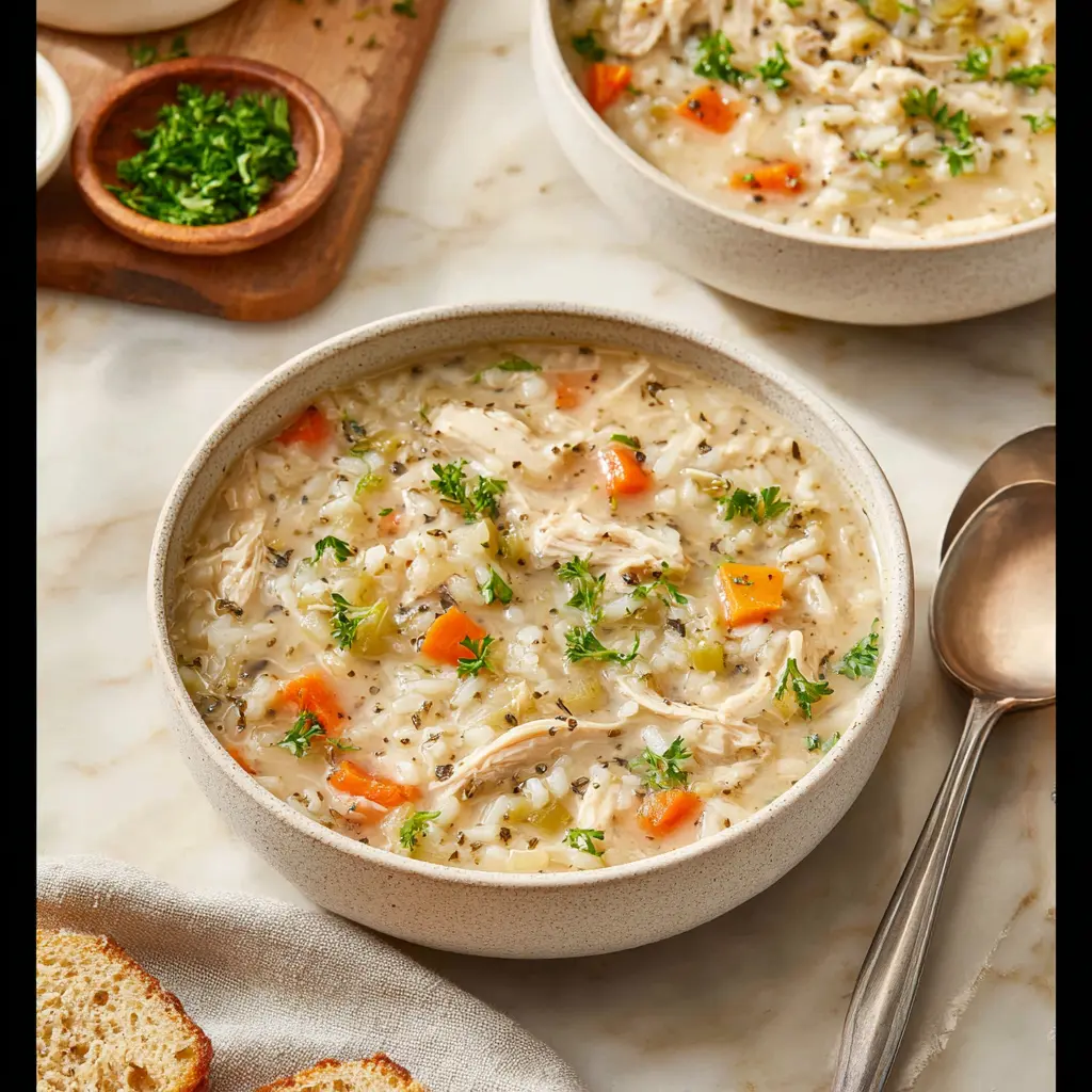 Crockpot Chicken Rice Soup recipe, served and ready to eat, easy homemade dinner