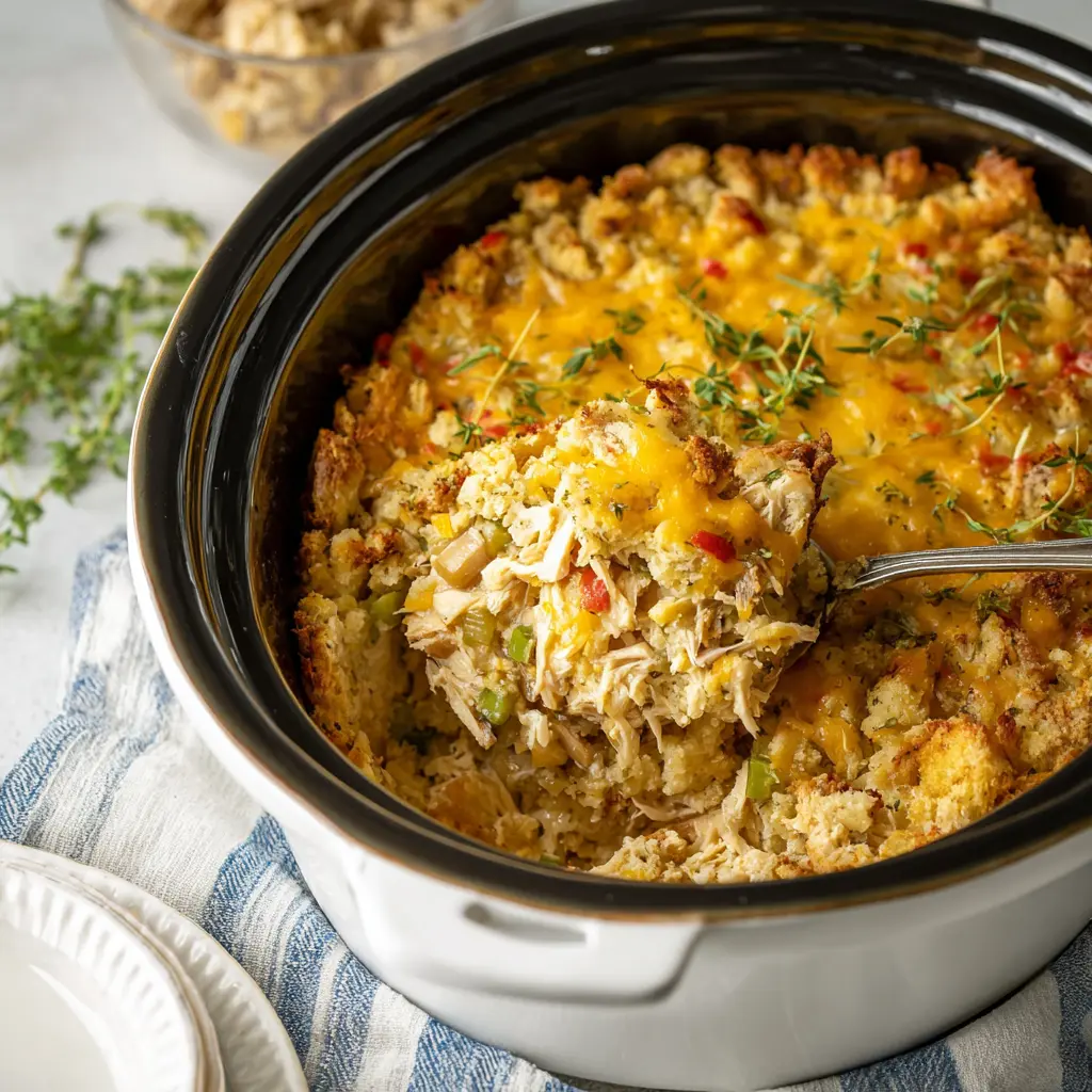 Crockpot Chicken Stuffing Casserole recipe, served and ready to eat, easy homemade dinner