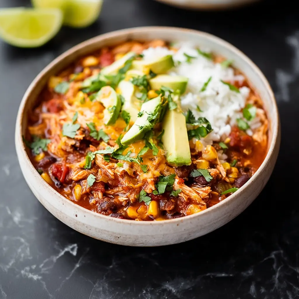 Crockpot Chicken Taco Chili recipe, served and ready to eat, easy homemade dinner