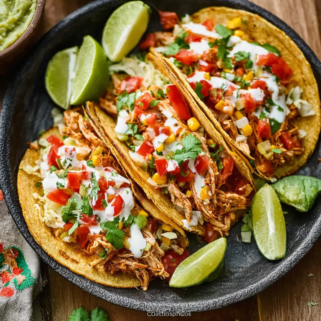 Crockpot Chicken Tacos recipe, served and ready to eat, easy homemade dish