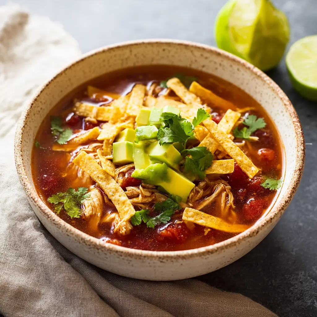 Crockpot Chicken Tortilla Soup recipe, served and ready to eat, easy homemade dinner
