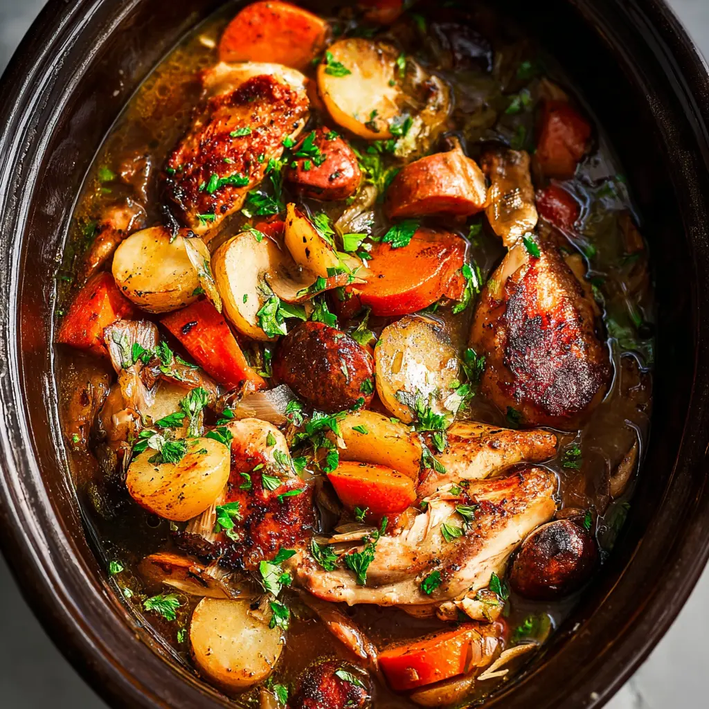 CROCKPOT COQ AU VIN recipe, served and ready to eat, easy homemade dinner