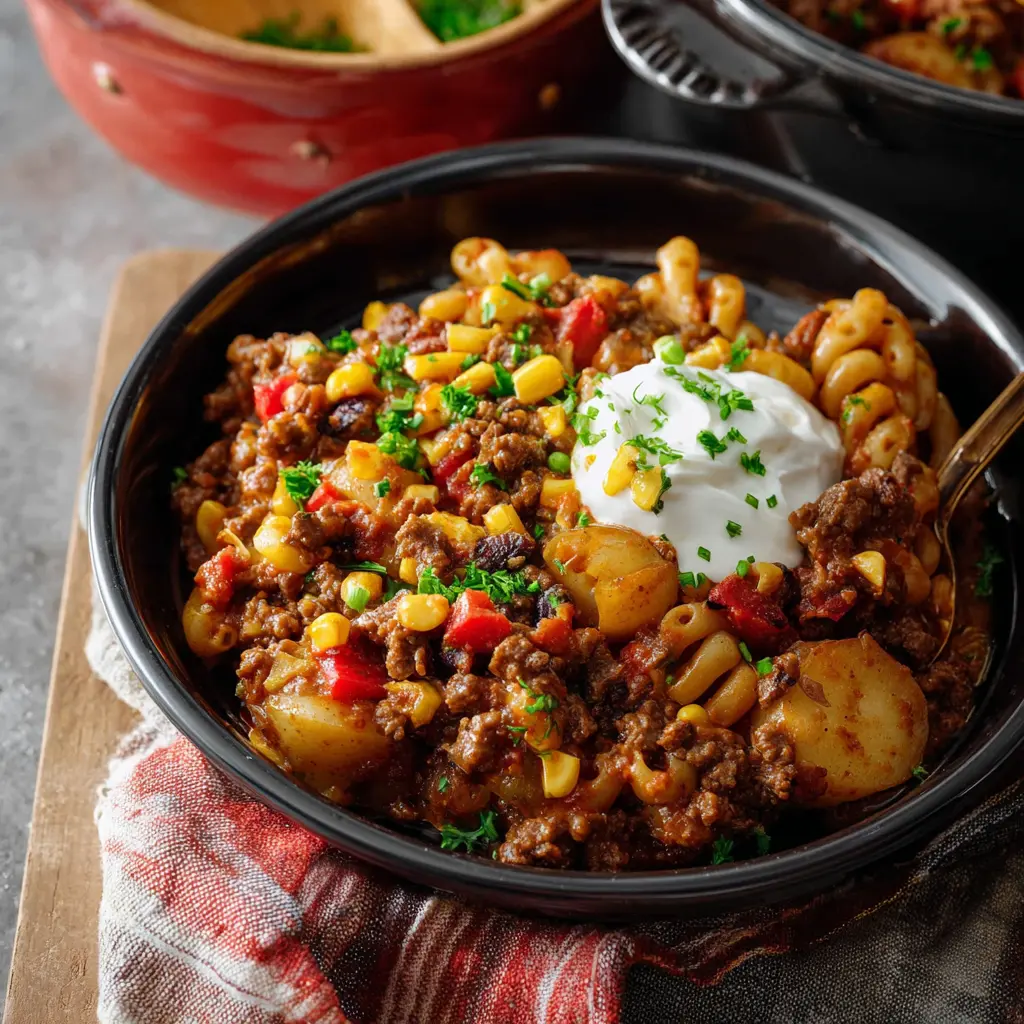 Crockpot Cowboy Casserole Ground Beef recipe, served and ready to eat, easy homemade dish