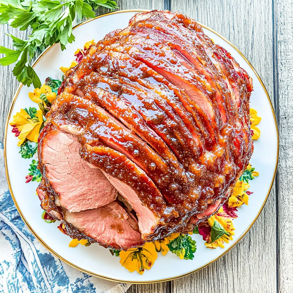Crockpot Easter Ham Brown Sugar Glaze recipe, served and ready to eat, easy homemade dinner