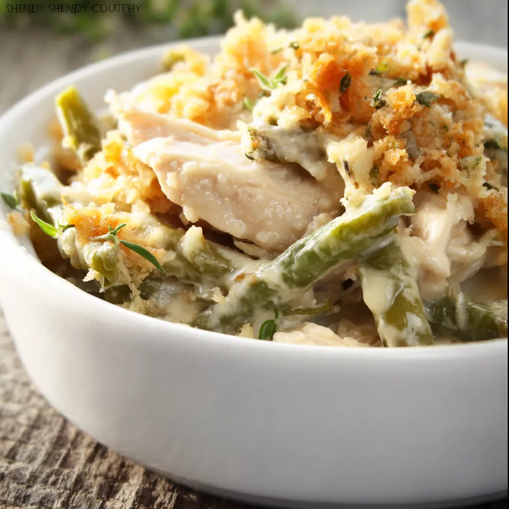 Crockpot Green Bean Chicken Casserole recipe, served and ready to eat, easy homemade dinner