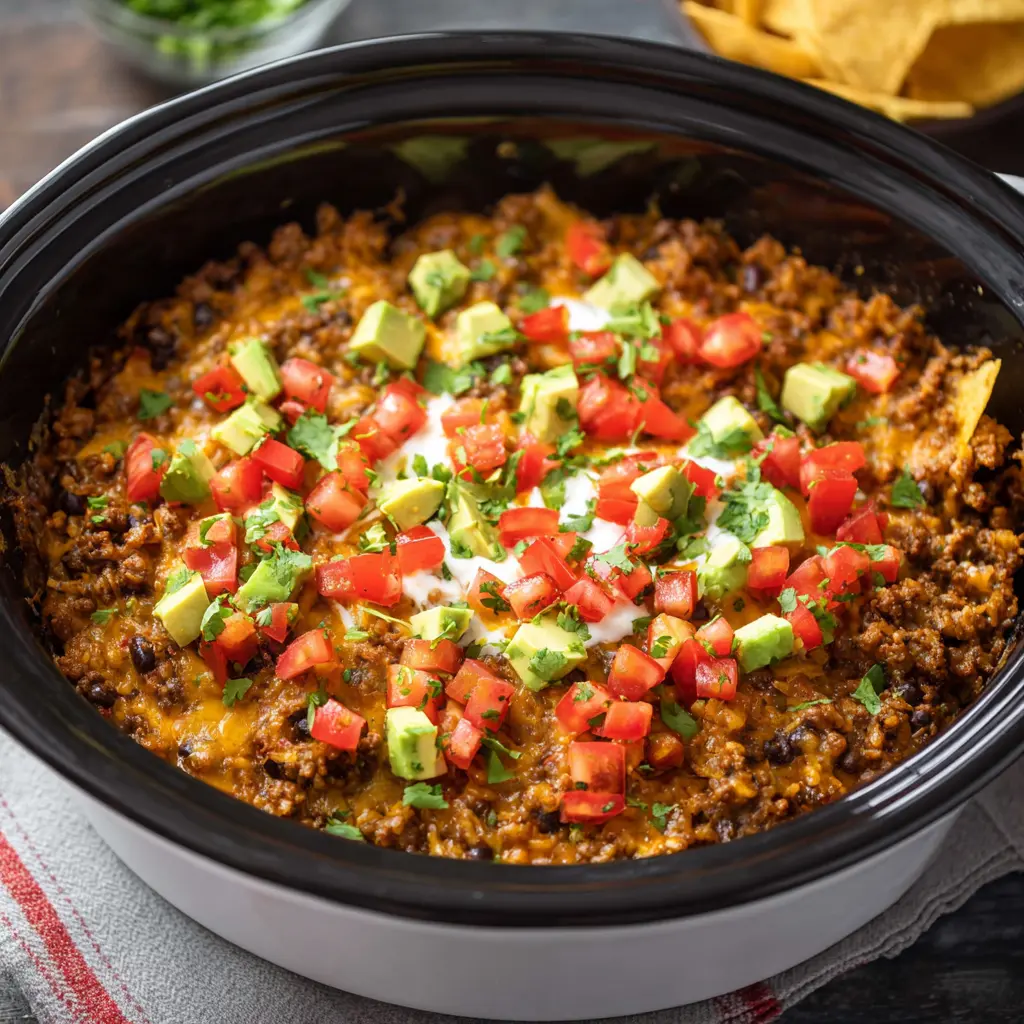 Crockpot Ground Beef Taco Casserole Your Family Will Love 2 Crockpot Ground Beef Taco Casserole recipe, served and ready to eat, easy homemade dinner