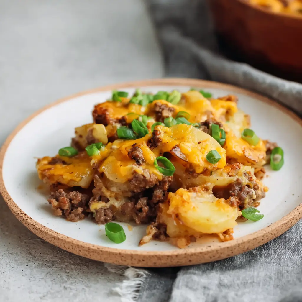 Crockpot Hamburger Potato Casserole recipe, served and ready to eat, easy homemade dish
