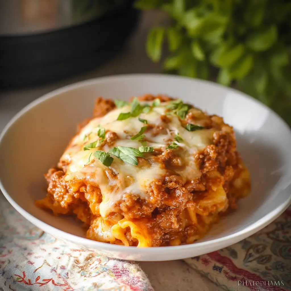 Crockpot Lasagna Casserole Ground Beef recipe, served and ready to eat, easy homemade dish