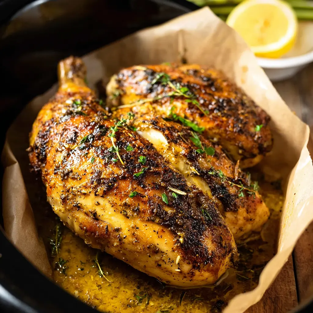 Crockpot Lemon Herb Spring Chicken recipe, served and ready to eat, easy homemade dinner