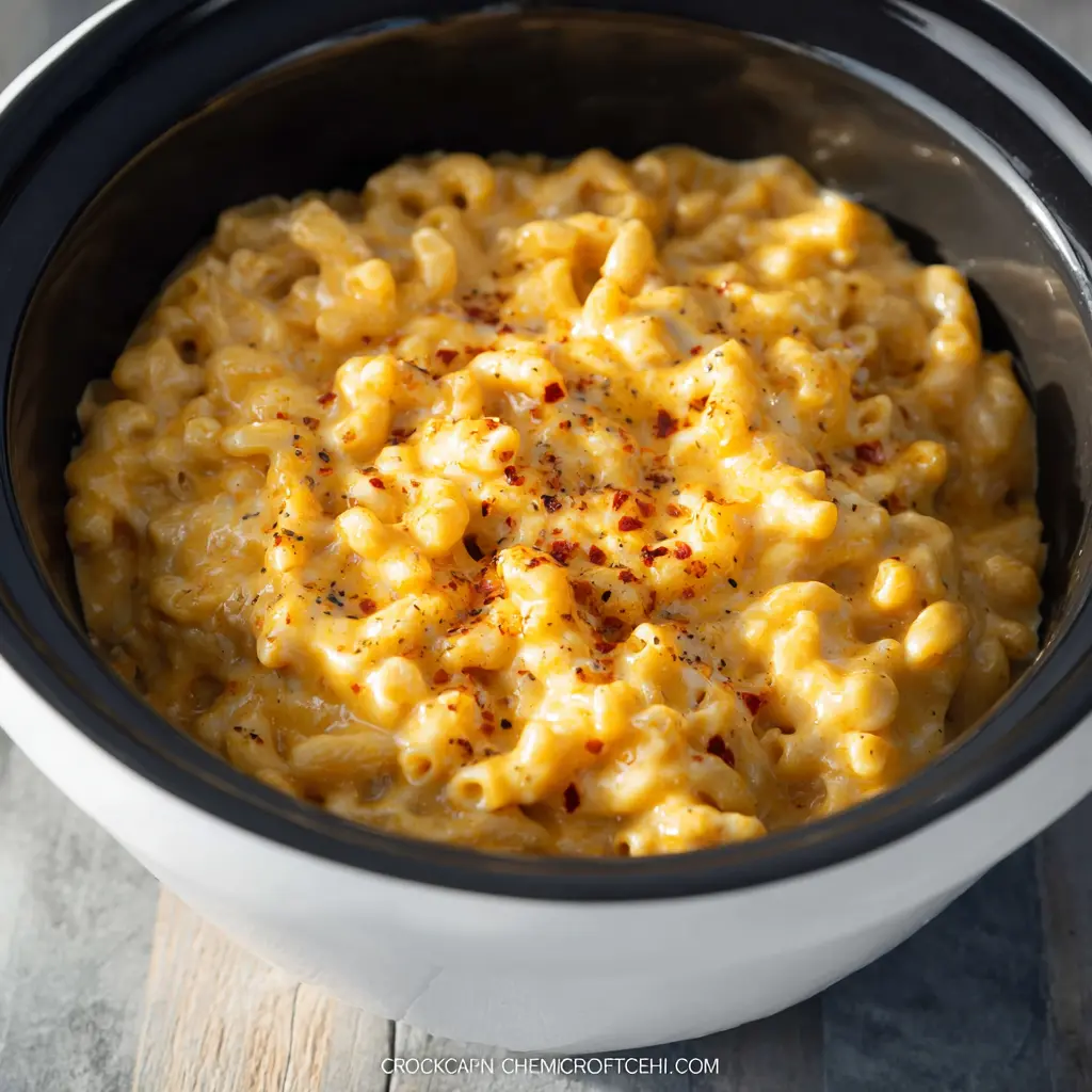 CROCKPOT MAC AND CHEESE recipe, served and ready to eat, easy homemade dinner