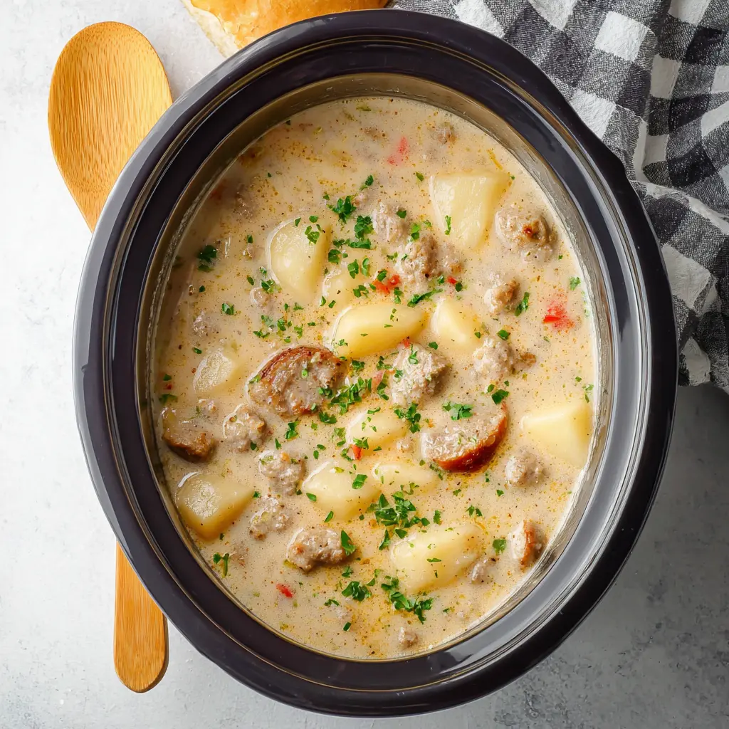 Crockpot Potato Sausage Soup Recipe That Makes Cozy Dinners Easy 2 Crockpot Potato Sausage Soup recipe, served and ready to eat, easy homemade dinner