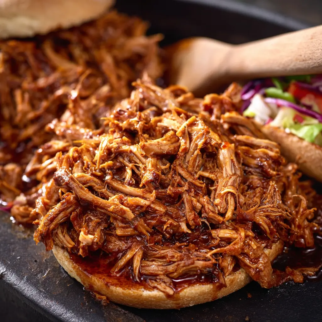 Crockpot Pulled Pork recipe, served and ready to eat, easy homemade dinner