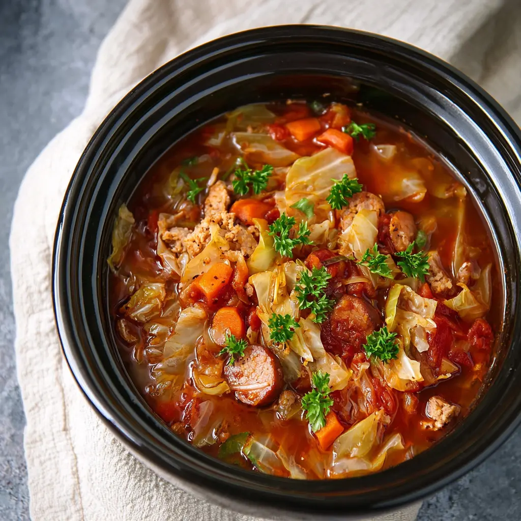Crockpot Sausage Cabbage Soup: Comforting Easy Weeknight Recipe 2 Crockpot Sausage Cabbage Soup recipe, served and ready to eat, easy homemade dinner