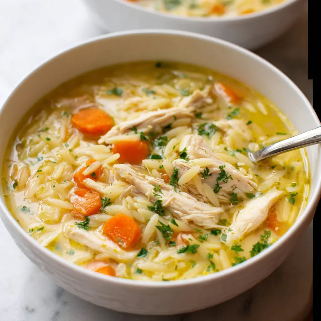 Crockpot Spring Chicken Lemon Orzo Soup recipe, served and ready to eat, easy homemade dinner