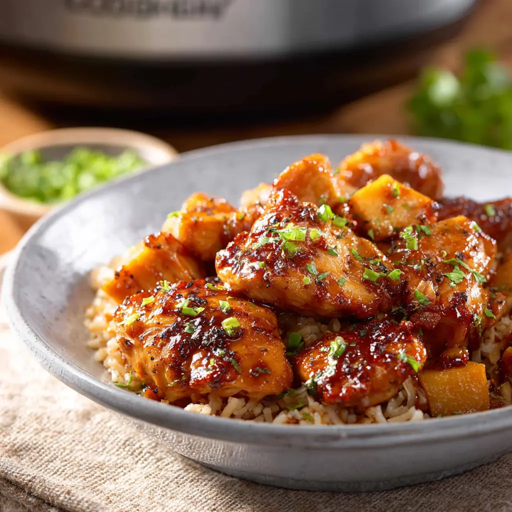 CROCKPOT SWEET HAWAIIAN CHICKEN recipe, served and ready to eat, easy homemade dinner