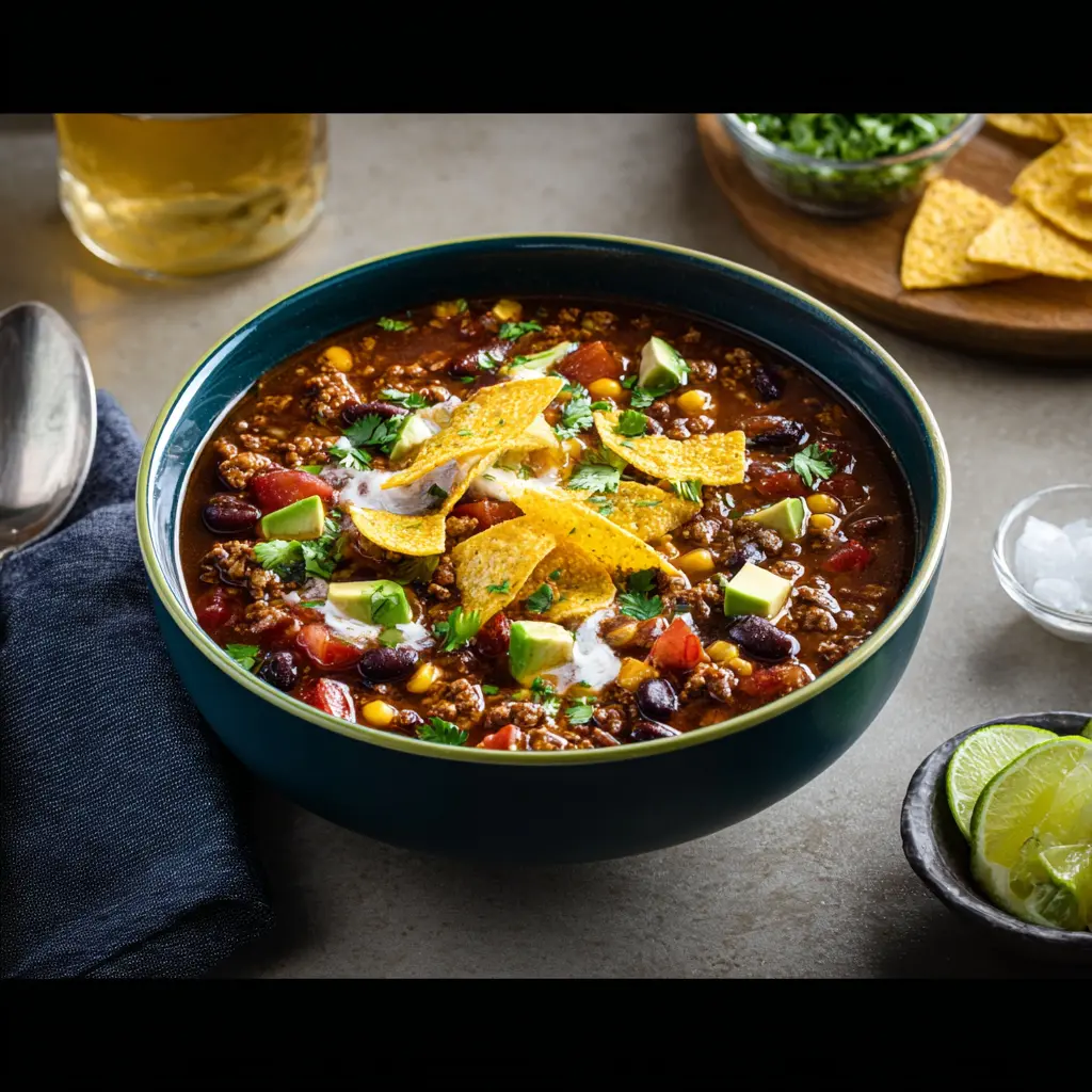 CROCKPOT TACO SOUP recipe, served and ready to eat, easy homemade dinner