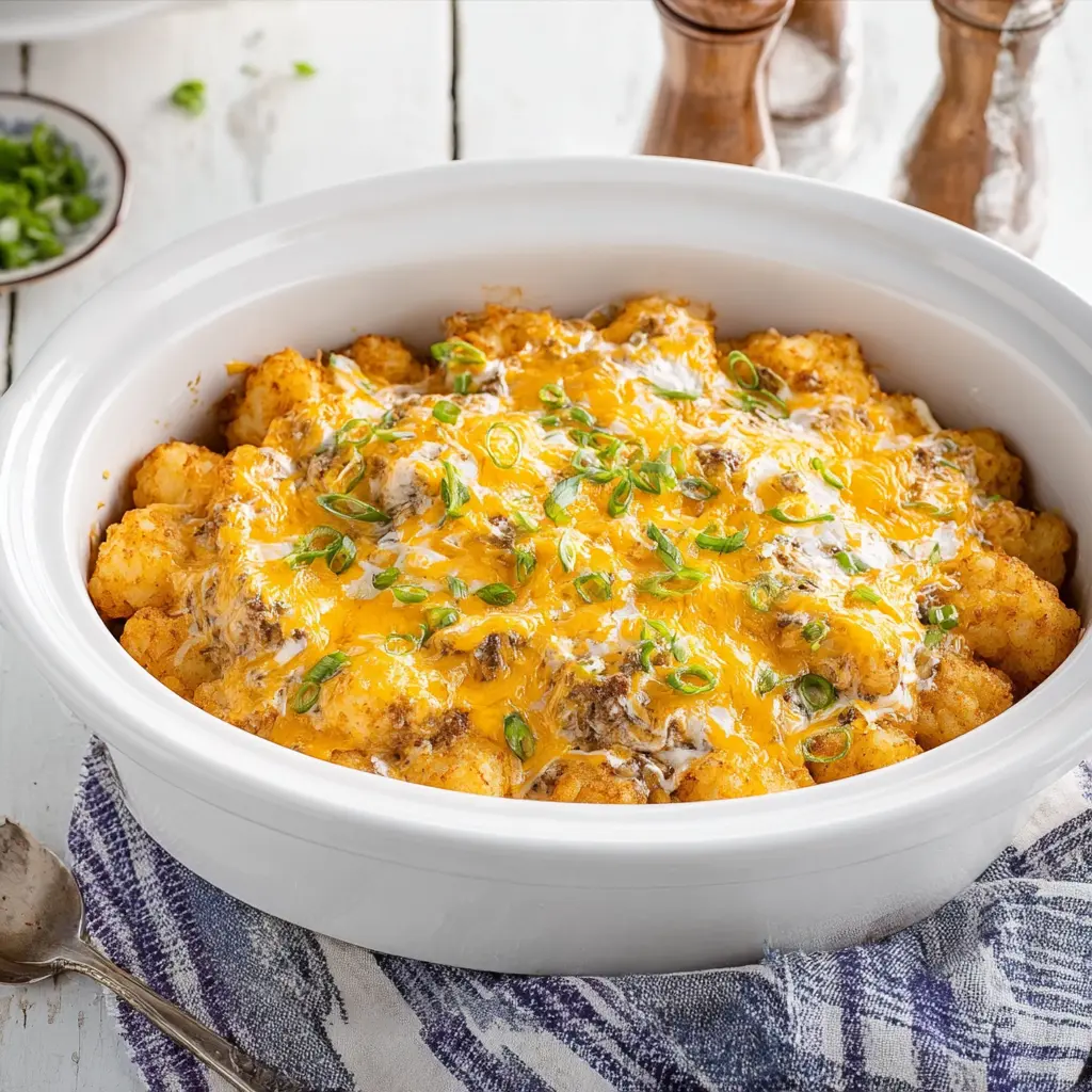 Crockpot Tater Tot Casserole recipe, served and ready to eat, easy homemade dinner