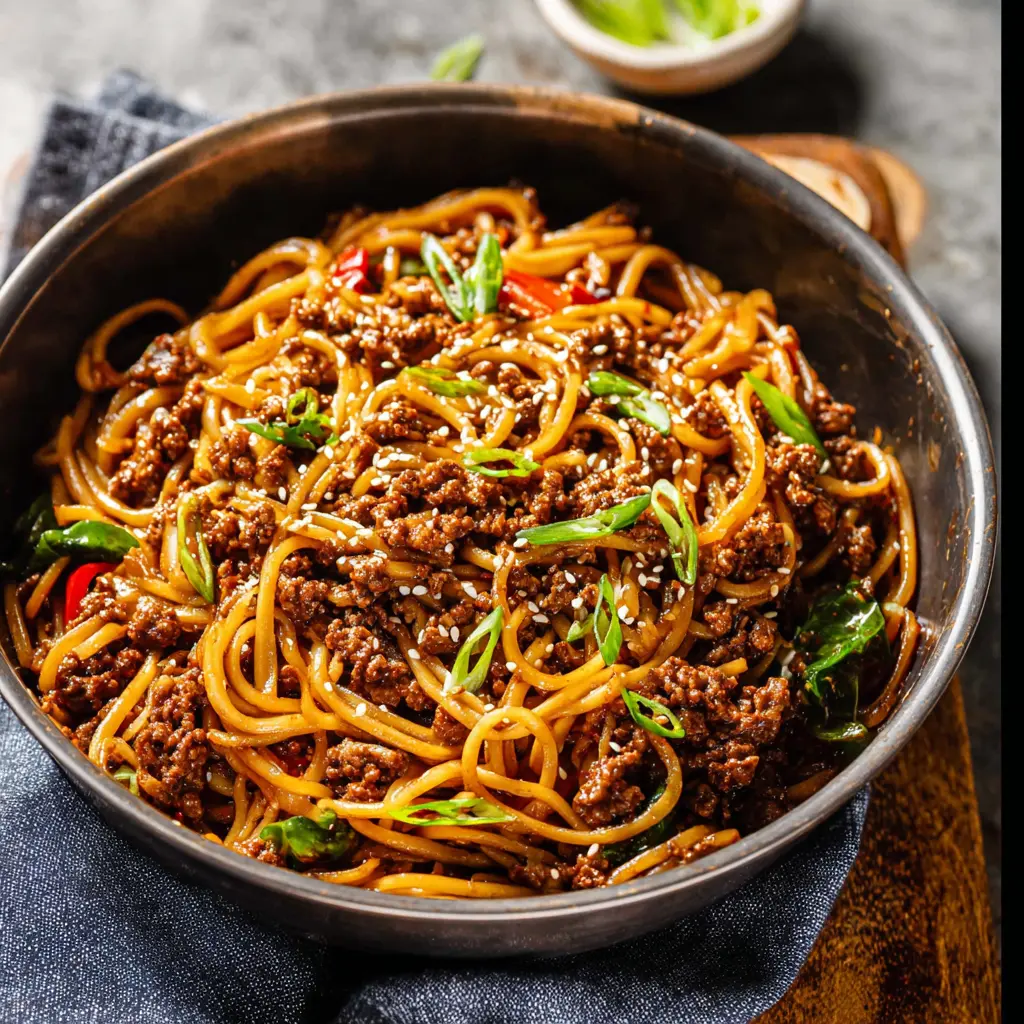Ground Beef Mongolian Noodles recipe, served and ready to eat, easy homemade dish
