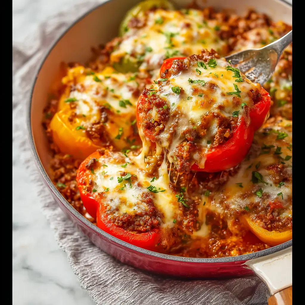 Ground Beef Stuffed Pepper Casserole recipe, served and ready to eat, easy homemade dish