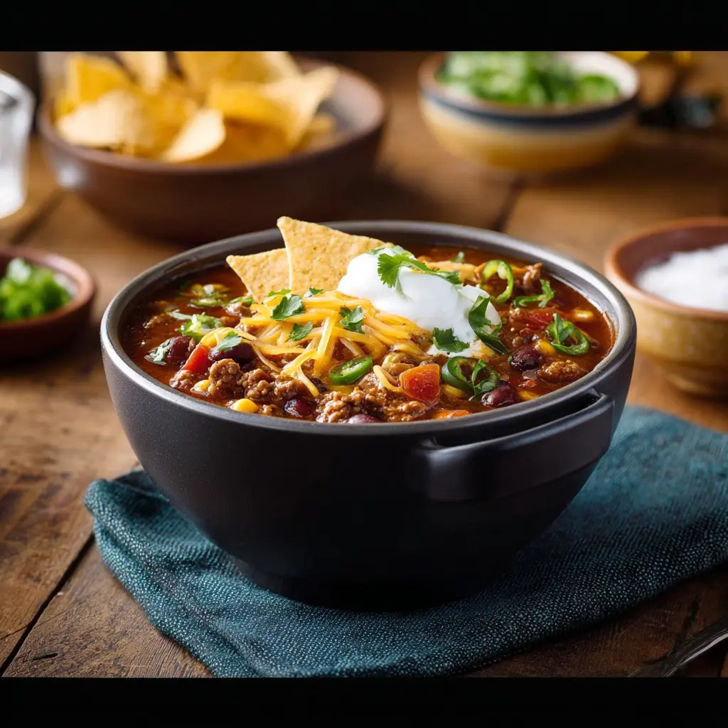 Ground Beef Taco Soup Crockpot recipe, served and ready to eat, easy homemade dish