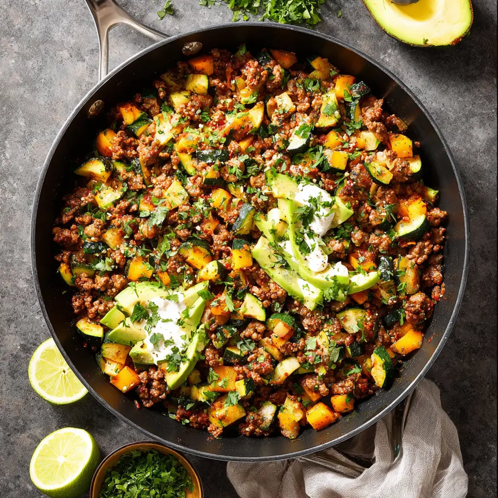 GROUND BEEF ZUCCHINI SKILLET recipe, served and ready to eat, easy homemade dish