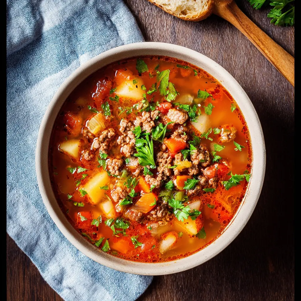 HAMBURGER SOUP CROCKPOT recipe, served and ready to eat, easy homemade dish