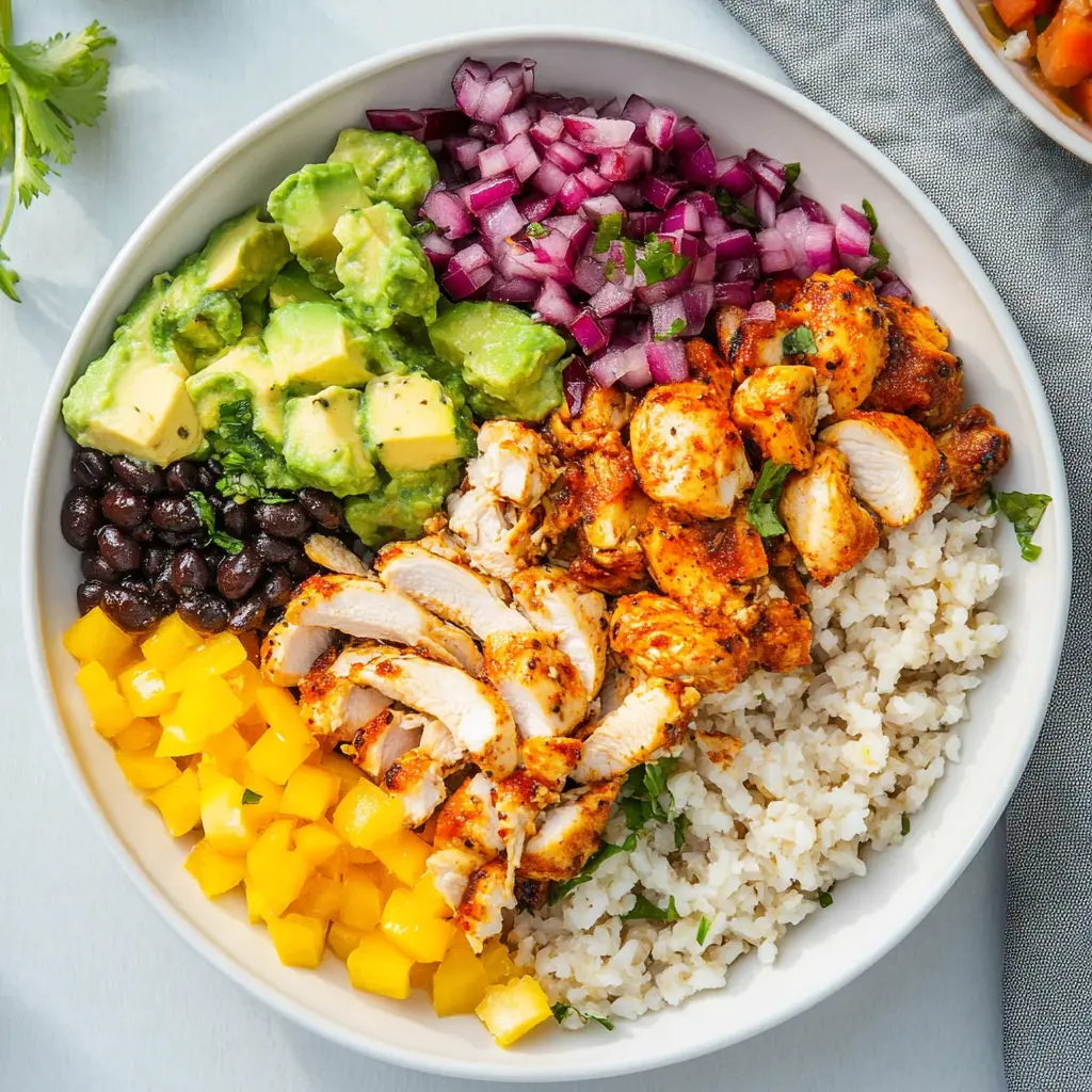 HIGH PROTEIN CHICKEN BOWL recipe, served and ready to eat, easy homemade dinner