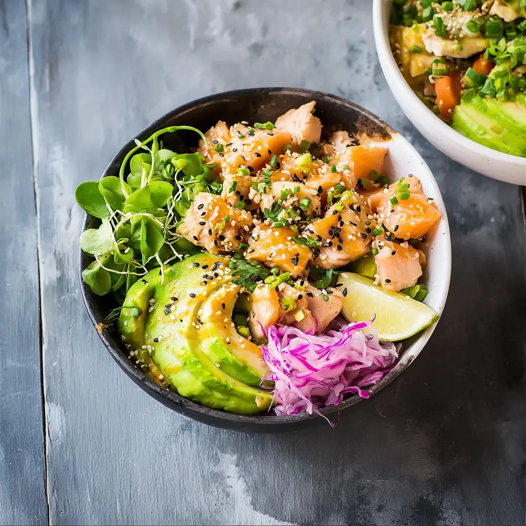 High Protein Chicken Poke Bowl recipe, served and ready to eat, easy homemade dinner