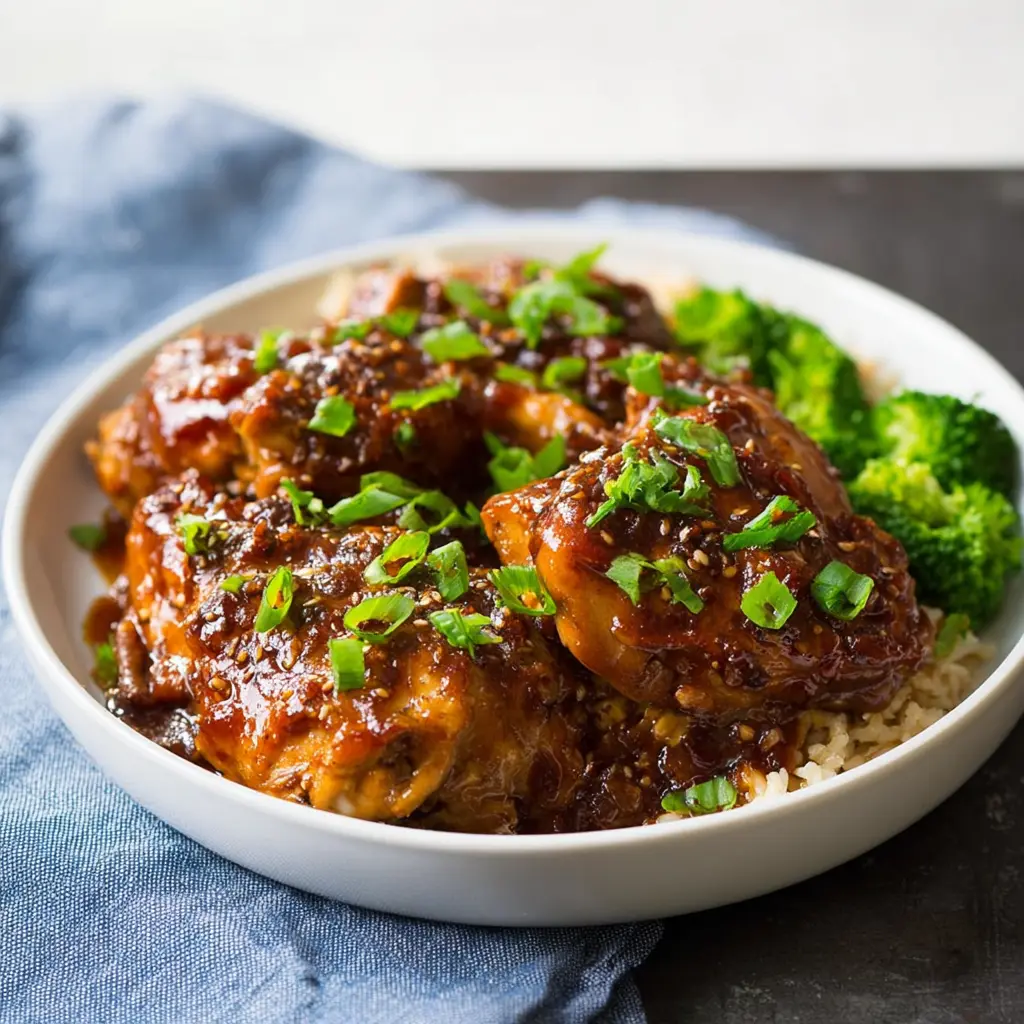 Honey Garlic Chicken Slow Cooker recipe, served and ready to eat, easy homemade dinner