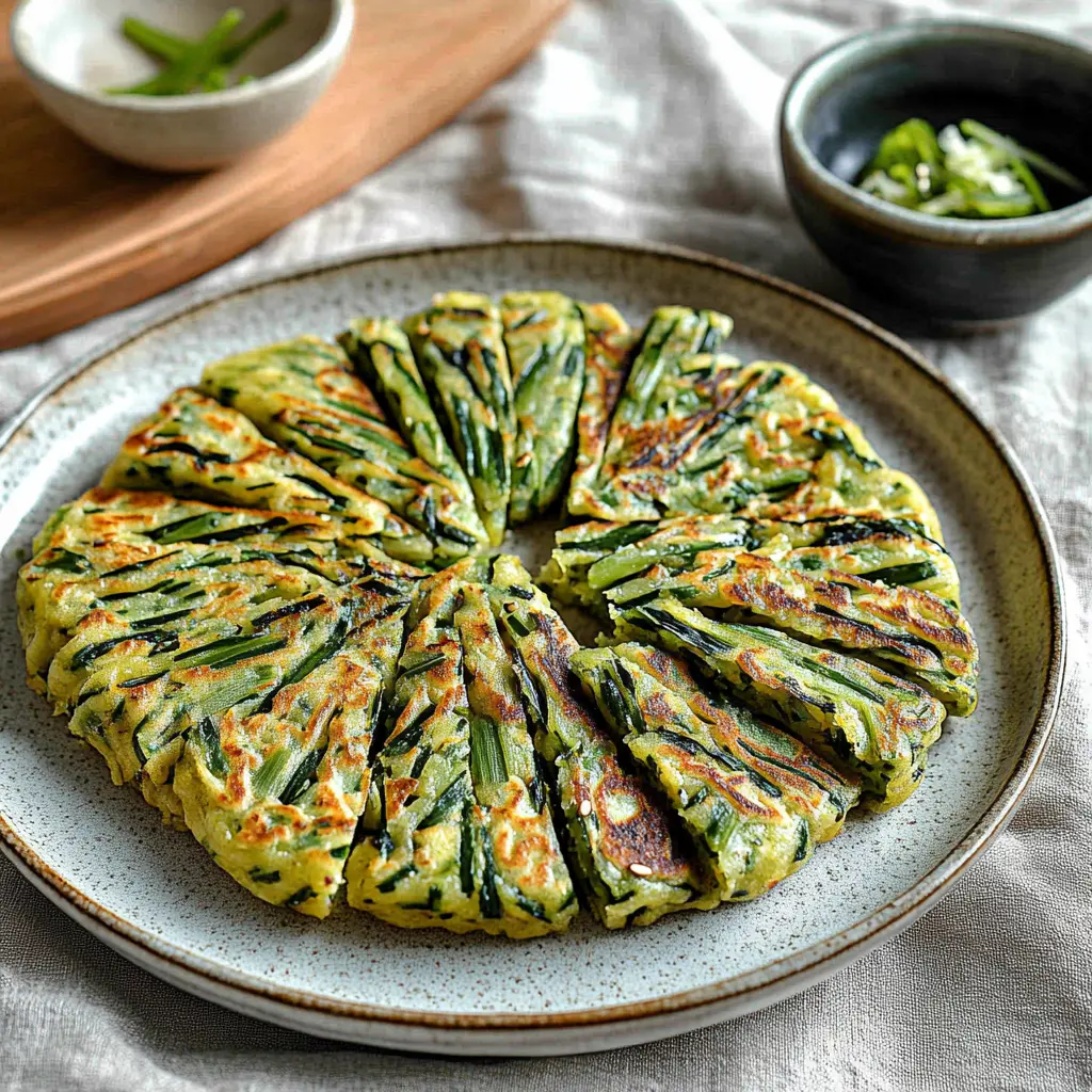 Korean Chive Pancakes Buchujeon recipe, served and ready to eat, easy homemade dinner