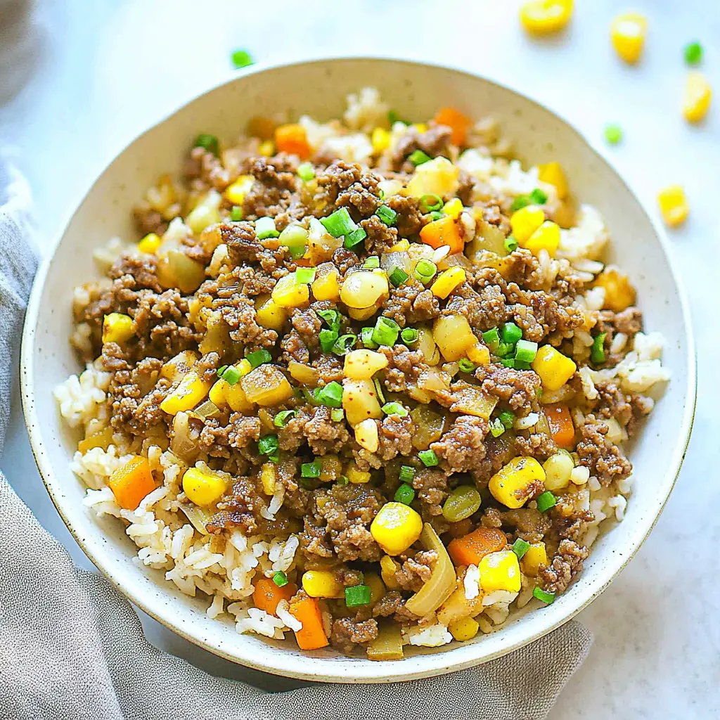 KOREAN GROUND BEEF RICE BOWL recipe, served and ready to eat, easy homemade dinner