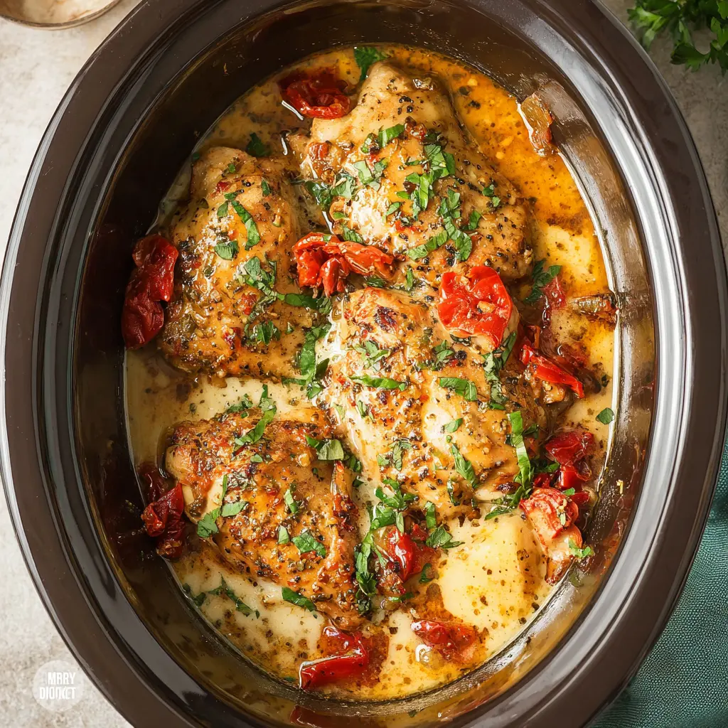 MARRY ME CHICKEN CROCKPOT recipe, served and ready to eat, easy homemade dinner