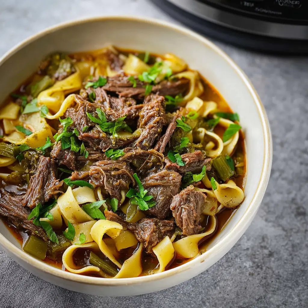 Mississippi Beef Noodles Crockpot recipe, served and ready to eat, easy homemade dinner