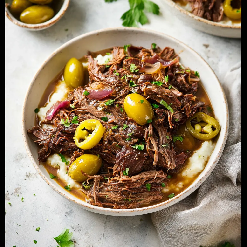 Mississippi Pot Roast Slow Cooker recipe, served and ready to eat, easy homemade dinner