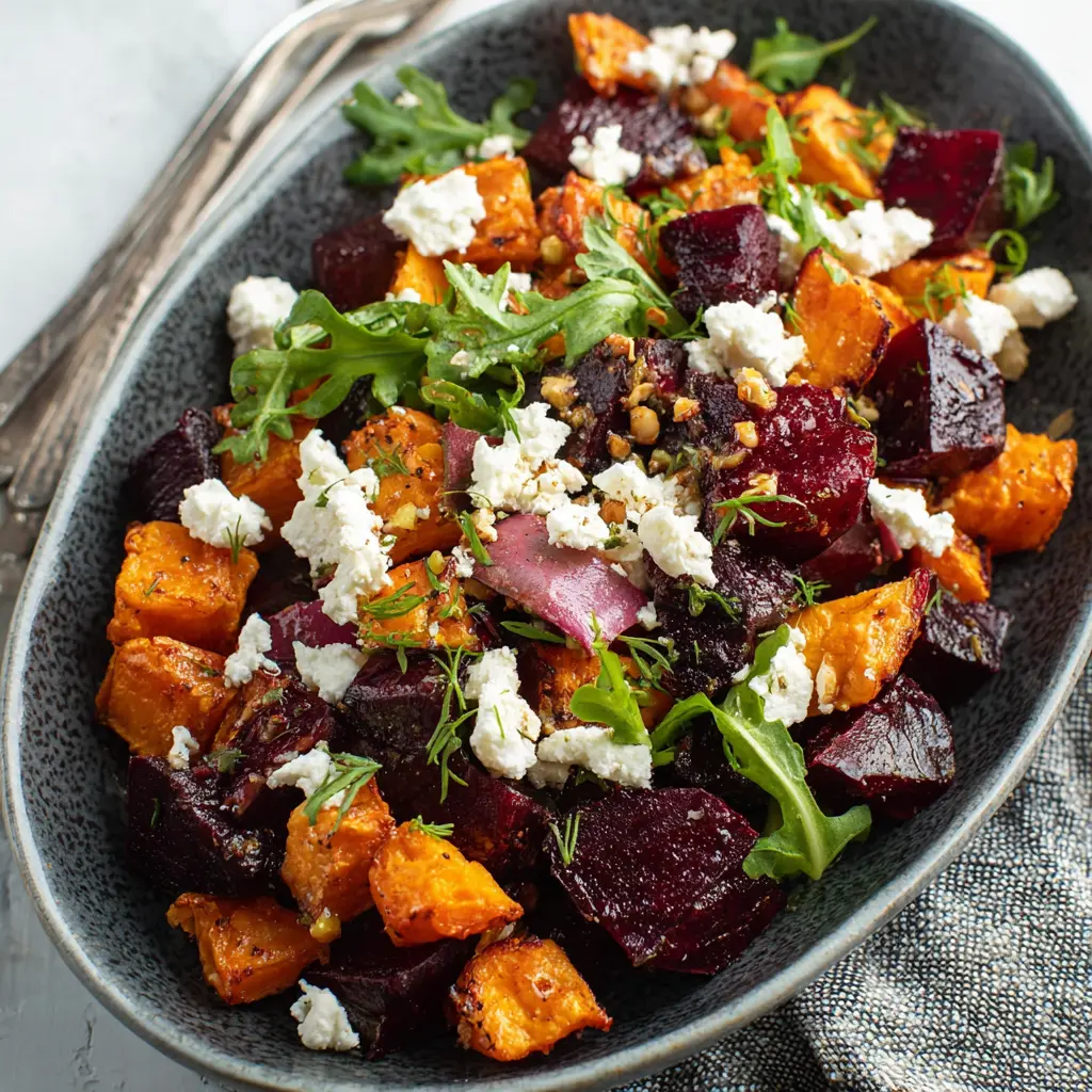 Roasted Beet and Sweet Potato Salad with Feta recipe, served and ready to eat, easy homemade dinner
