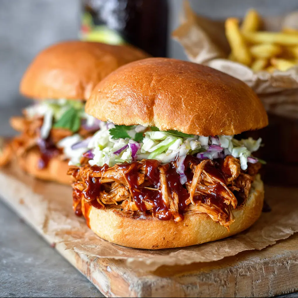 Slow Cooker BBQ Chicken Sandwiches recipe, served and ready to eat, easy homemade dish