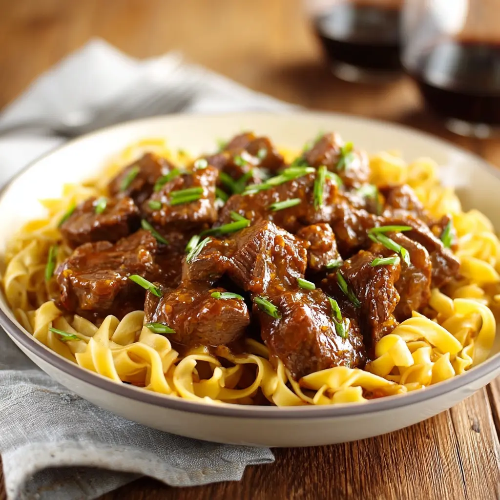 Slow Cooker Beef and Noodles recipe, served and ready to eat, easy homemade dinner