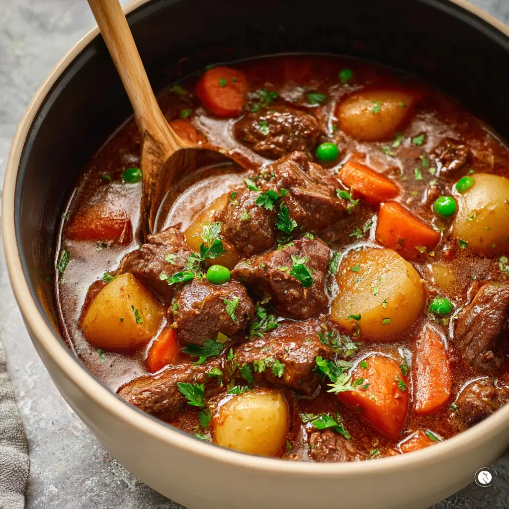 Slow Cooker Beef Stew Old Fashioned recipe, served and ready to eat, easy homemade dinner