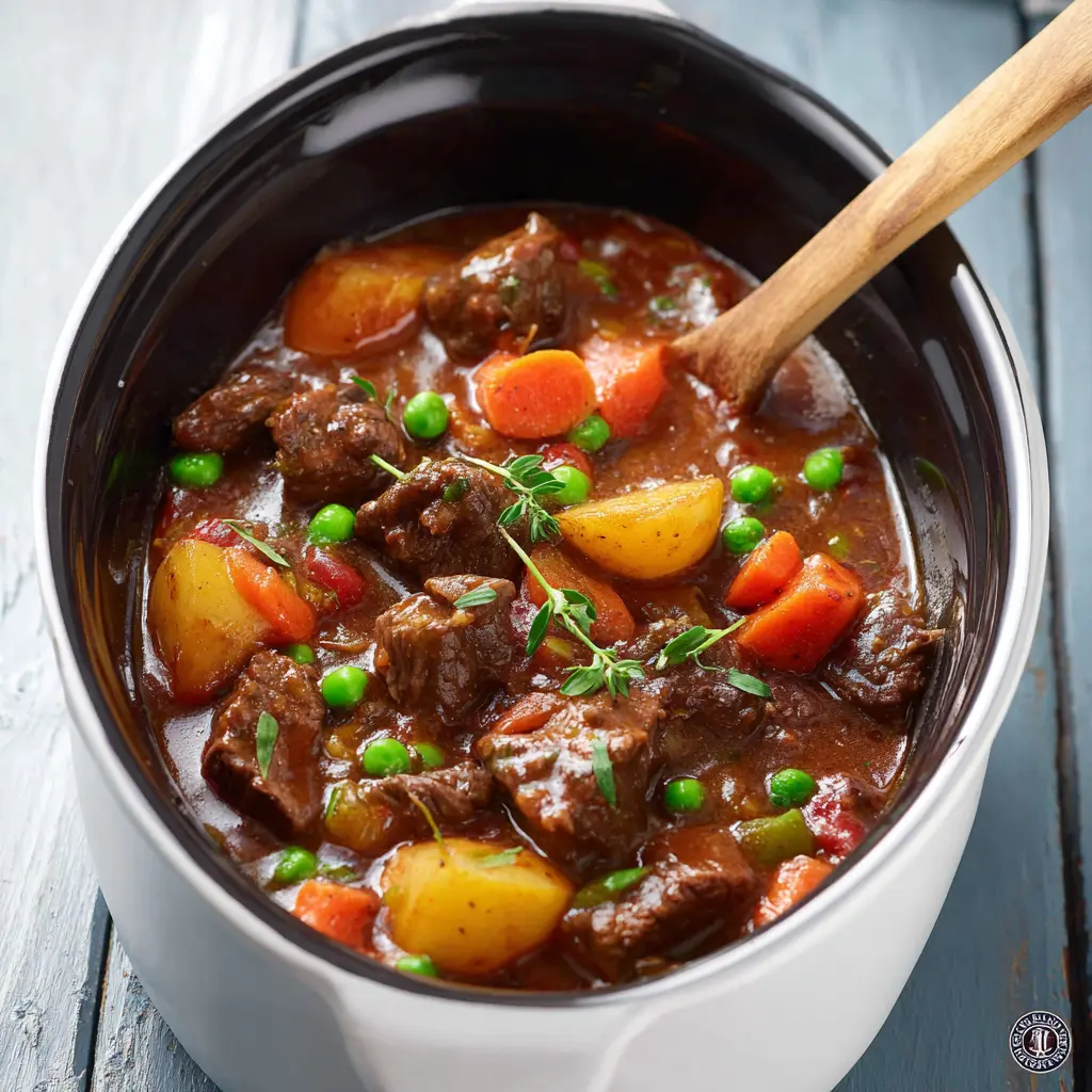 Slow Cooker Beef Stew Vegetables recipe, served and ready to eat, easy homemade dinner