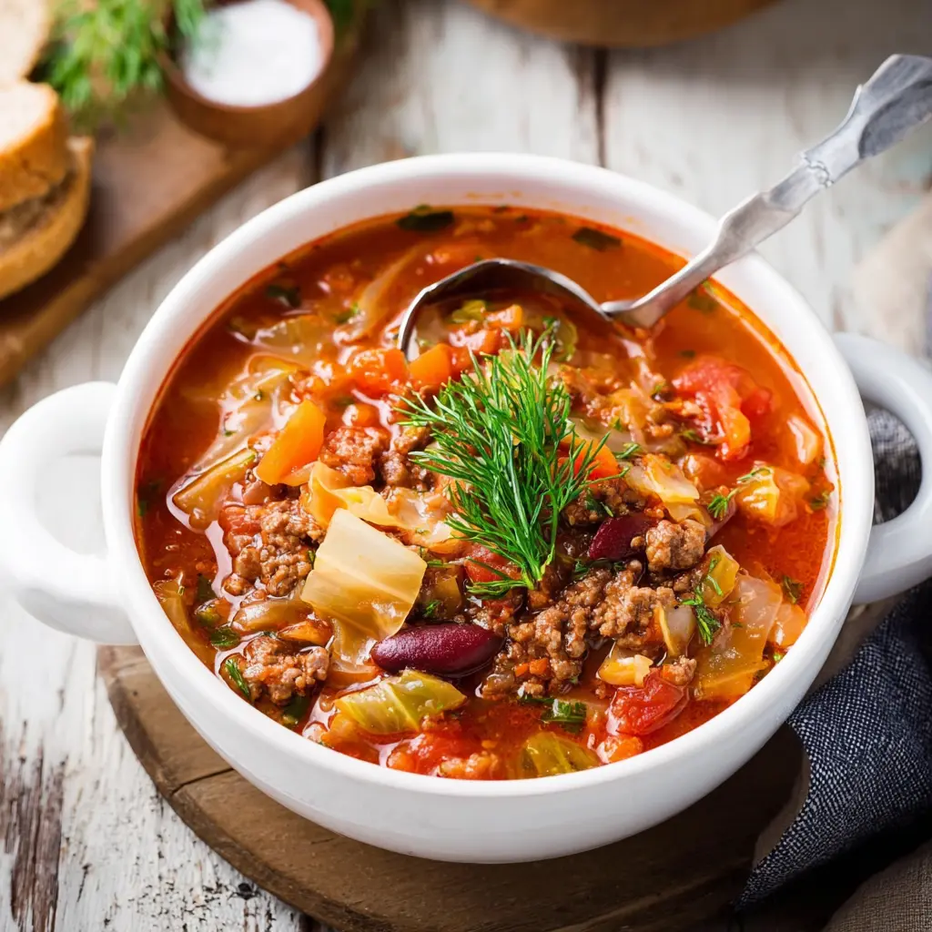 Slow Cooker Cabbage Soup Ground Beef recipe, served and ready to eat, easy homemade dinner