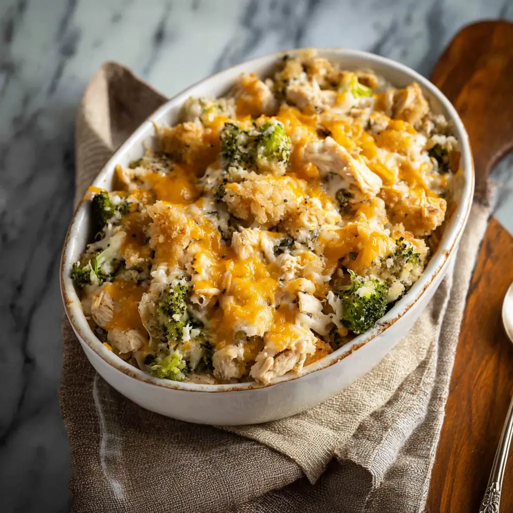 Slow Cooker Chicken Broccoli Casserole recipe, served and ready to eat, easy homemade dinner