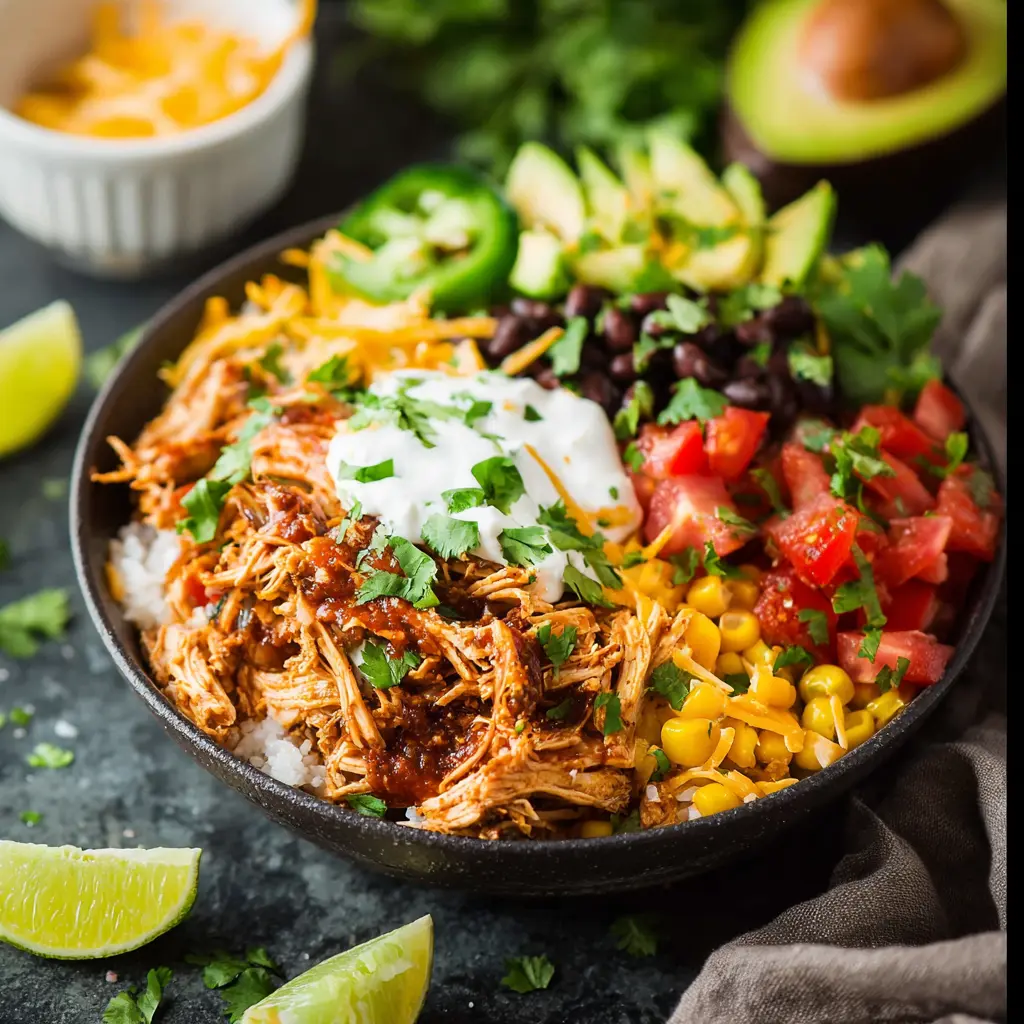Slow Cooker Chicken Burrito Bowl recipe, served and ready to eat, easy homemade dish