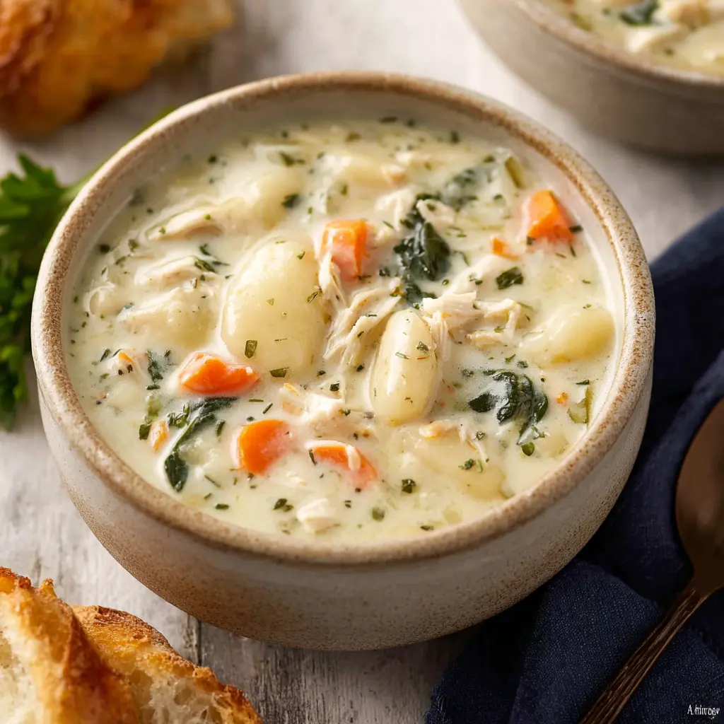 Slow Cooker Chicken Gnocchi Soup recipe, served and ready to eat, easy homemade dinner