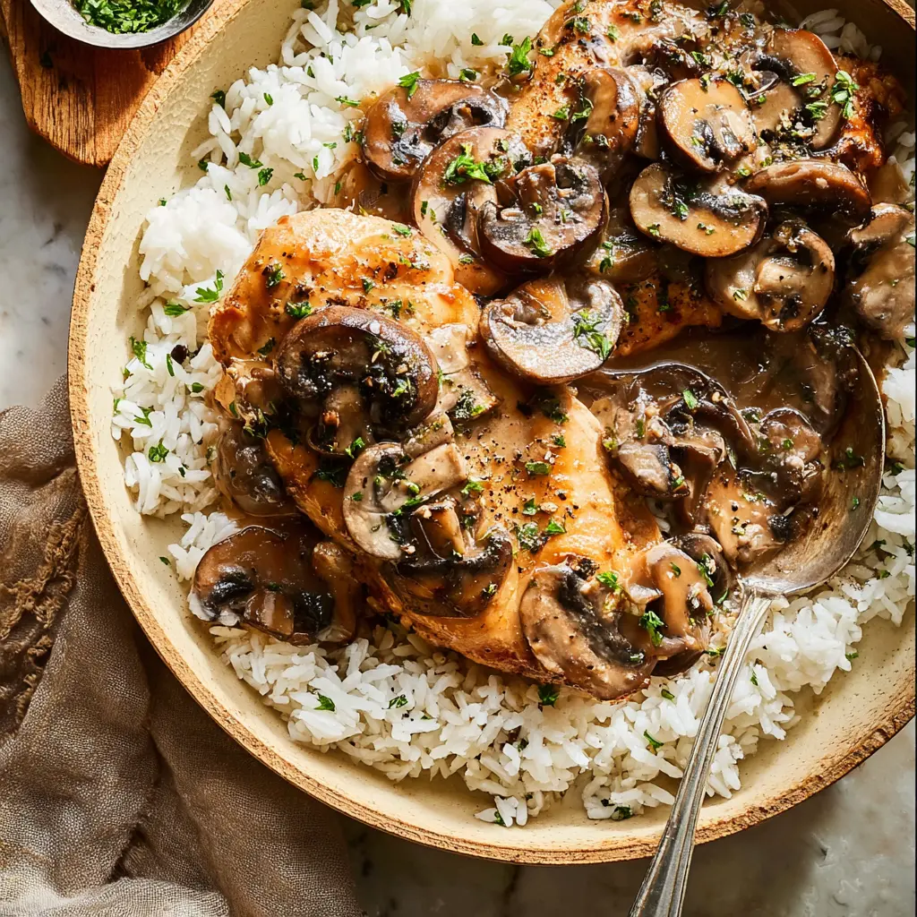 Slow Cooker Chicken Marsala recipe, served and ready to eat, easy homemade dinner